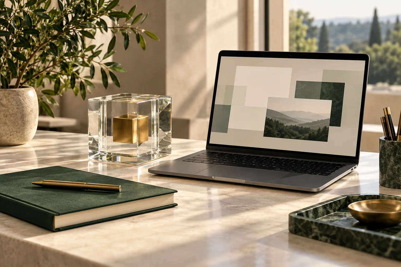 Original AAG editorial illustration of a workspace with a laptop, notebook and glass cube.