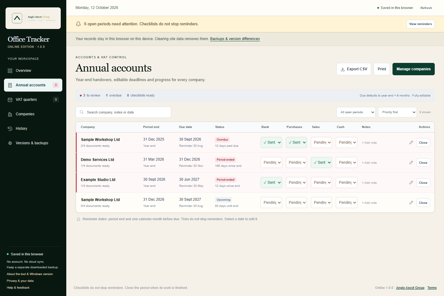 Office Tracker Online accounts view showing fictional companies, due dates and document checklists.